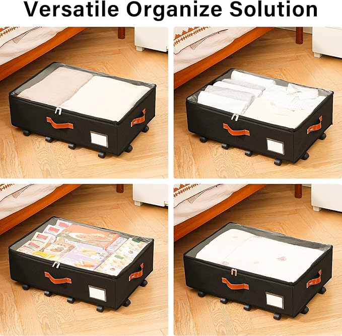 Under Bed Storage Organizer with Wheels, Underbed Container with Clear Lid Cover, Storage Bag Box with Visiable Window for Clothes, Bedsheet, Pillow, 2 Pack，7.5 inches
