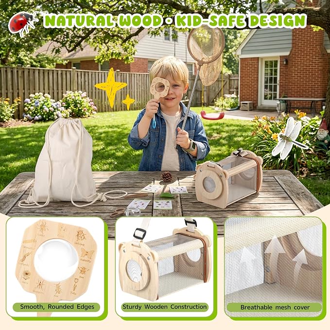 GAGAKU Wooden Bug Catcher Kit for Kids 4-8, 9PCS Outdoor Nature Exploration Set with Expandable Butterfly Net, Magnifying Glass, STEM Learning Game Cards, Educational Catching Toy for Backyard Camping