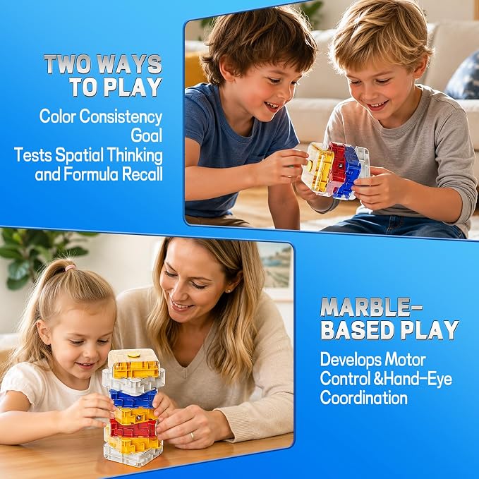 3D Maze Cube Ball Puzzle Brain Teaser for Adults & Kids, Educational Learning Toys Logical Thinking, Family Board Games Tabletop, Durable Puzzle Cube (White&Blue&Red&Yelllow, 2.4x2.4x5.6)