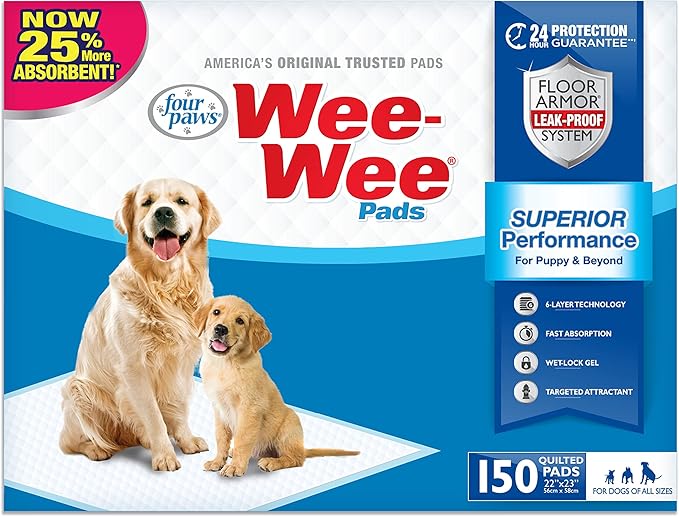 Four Paws Wee-Wee Superior Performance Unscented Pee Pads for Dogs & Puppies, Quilted Leak-Proof Dog Housebreaking Potty Training Floor Protection, 22" x 23", 14 Count