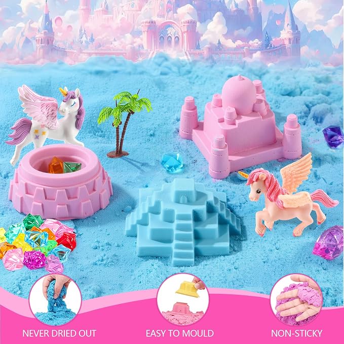 Unicorn Sensory Bin for Girl, Magic Sand Art Kit for Boys and Girl with Sandbox, Castle Molds, 2.18lb 3 Color Sand, Best Unicorn Toy Kits Christmas Birthday Gift for Toddler Ages 3+