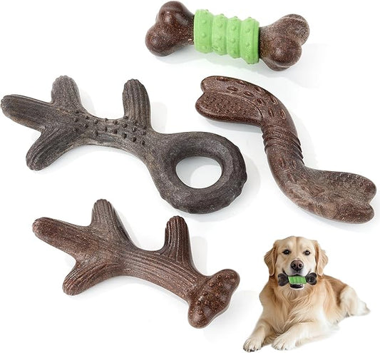 Gardner Pet 4-Pack Dog Chew Toy, Long Lasting Interactive Dog Toys Add Shredded Coconut Nylon+TPR,Teeth Cleaning and Training Toy for Medium/Large Breed,Bacon Flavor(Antler-L/S+Bone-S+Cookie)