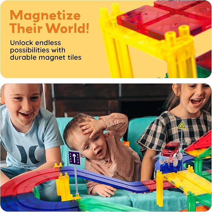 PicassoTiles 100 Piece Magnetic Tiles Race Track Toy Creative Building Set | Ages 3+, premium BPA-free materials, promotes hand eye coordination, sharpens fine motor control, boosts spatial logic skills