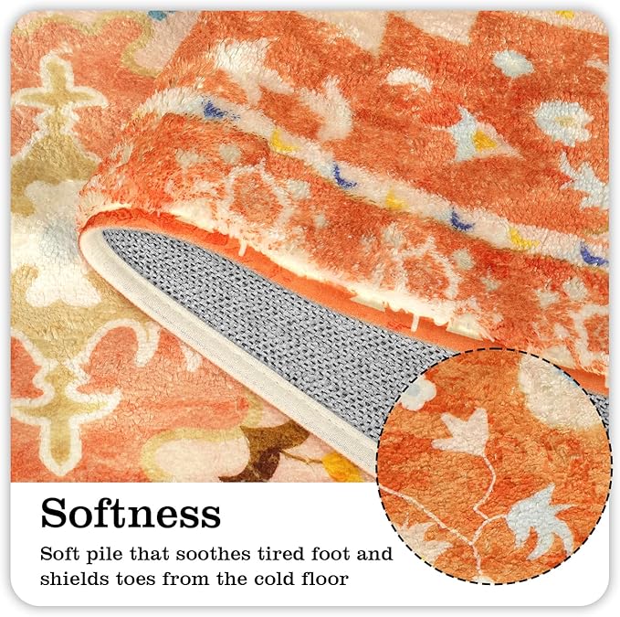 Uphome Boho Bathroom Runner Rug Orange Non-Slip Soft Bedroom Rug Machine Washable Oriental Hallway Rug Tribal Aesthetic Floral Home Decor Floor Mats for Kitchen Kids Room Entryway, 24x59 inch