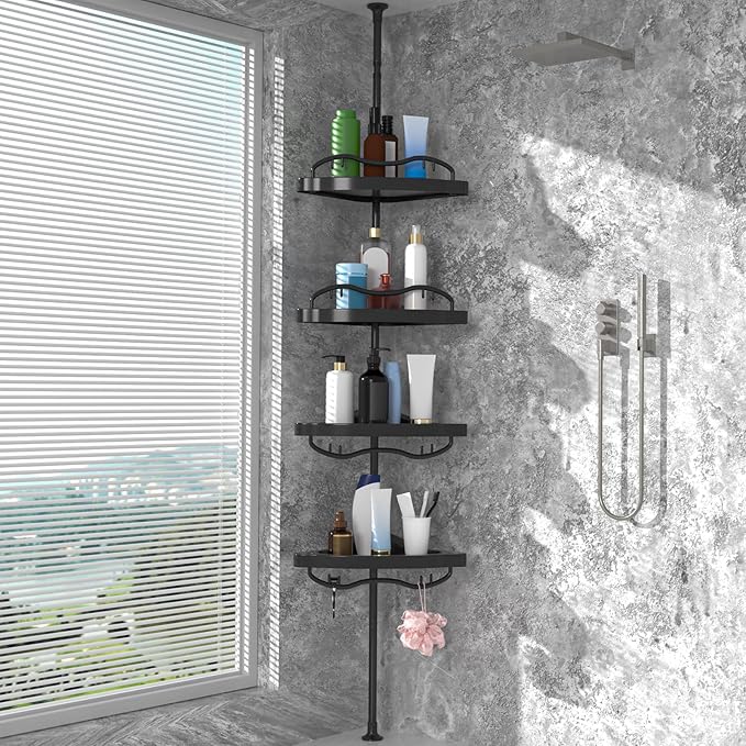 Black Corner Shower Caddy Tension Pole - Heavy Duty Rustproof Stainless Steel Shower Organizer with 4 Adjustable Shelves, No-Drill Free Standing for Bathroom, Bathtub, RV,54" to 114" Tall