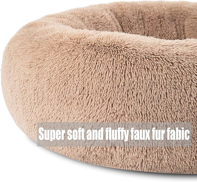 Calming Faux Fur Dog Beds Calming Donut Cuddler Dog Bed Washable Round Cat Bed Pillow Cuddler Fluffy Indoor Dog Calming Beds with Anti Slip Bottom Solid Color Dark Red 16 Inch