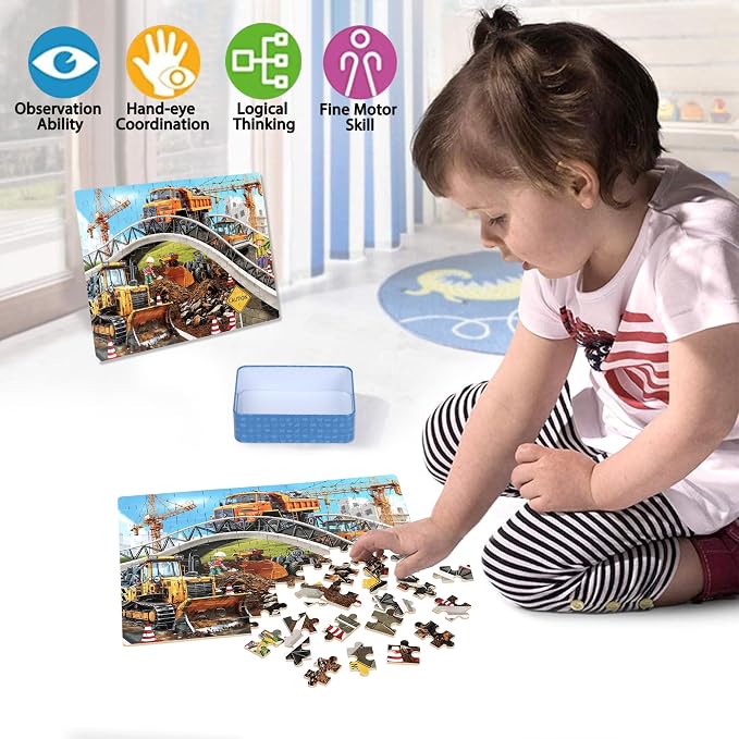 LELEMON Puzzles for Kids Ages 4-6,Construction Site 100 Piece Puzzles for Kids Ages 4-8 in a Metal Box,Educational Jigsaw Puzzles 100 Piece Puzzle Games Puzzle Toys for Girls and Boys
