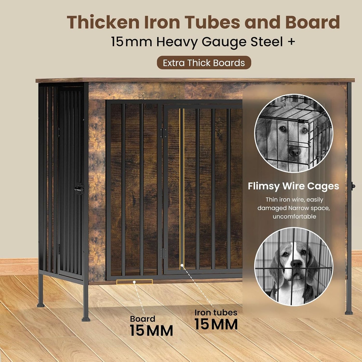 Dog Crate Furniture 40" Sturdy Heavy Duty Dog Kennel Solid Metal Tube Thick Wooden with 3 Lockable Doors Single Dog Cage Large Breed as TV Stand End Table for Large Dog Rustic Brown