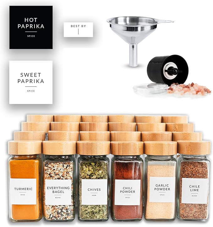 SAVVY & SORTED Glass Spice Jars with Label, 24PK Bamboo Jar Spices Set 4oz, 374 Spice Labels, Pepper Grinder, Empty Herb Seasoning Containers, Funnel and Shaker Lids