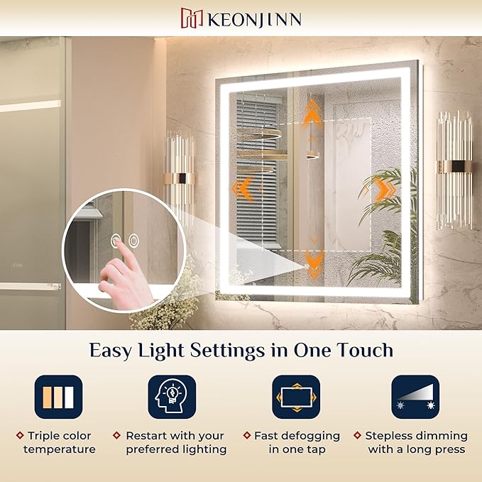 Keonjinn LED Bathroom Mirror with Lights 36" x 36", Frontlit & Backlit LED Mirror for Bathroom Wall with Dimmable 3-Color Lights, Anti-Fog Mirror with HD Tempered Glass, UL-Listed LED Driver
