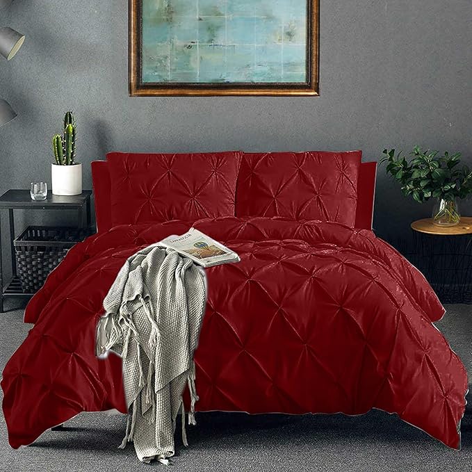Pinch Pleated Duvet Cover Set 100% Cotton 3PC Oversize Plus Size 128x120 Duvet Cover Set, Decorative Pinch Design Burgundy Duvet Cover with Matching Pillow Case