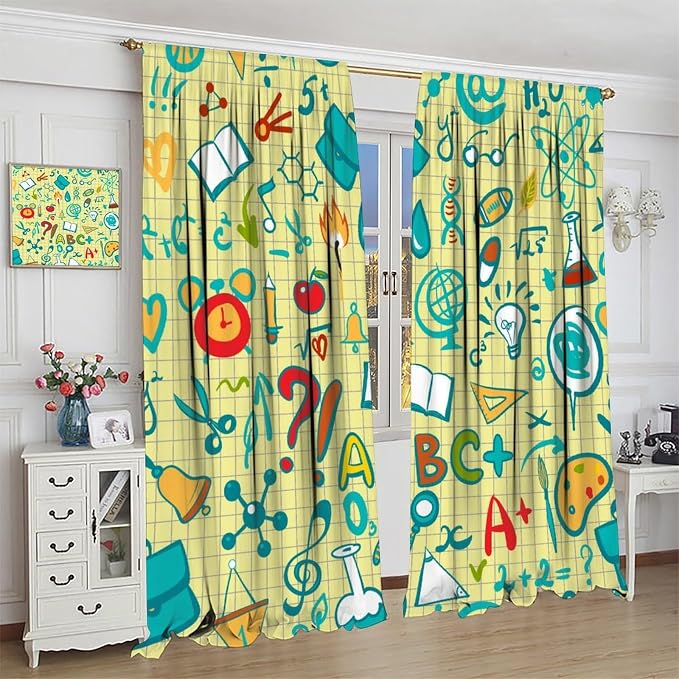 Science Physics Curtains, Abstract Math Chemistry Curtain Scientist Graffiti Print Window Treatments for Kids Teens Bedroom Living Room Set 2 Panels,84x84 Inches