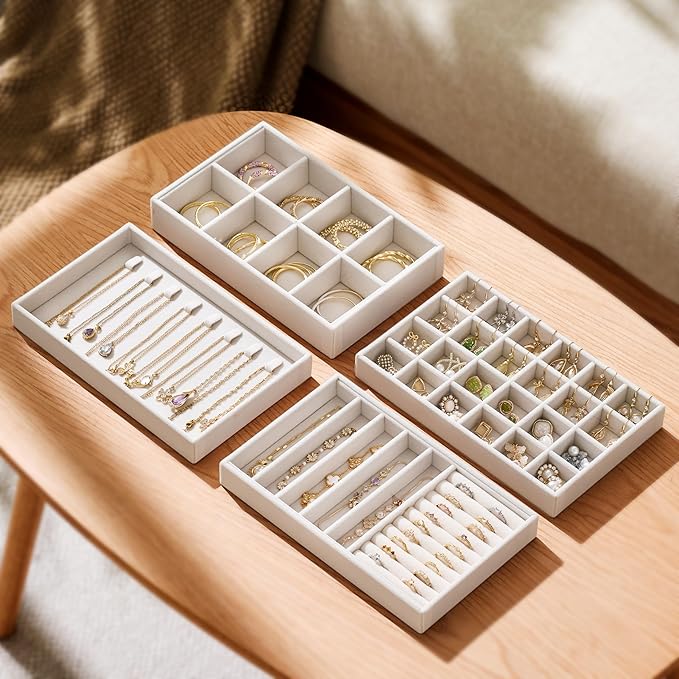 Velvet Jewelry Drawer Organizer Trays – 4-Layer Stackable Jewelry Storage Inserts Set, Beige Jewelry Tray Set for Earrings, Rings, Necklaces, Bracelets with Removable Dividers for Dresser & Vanity