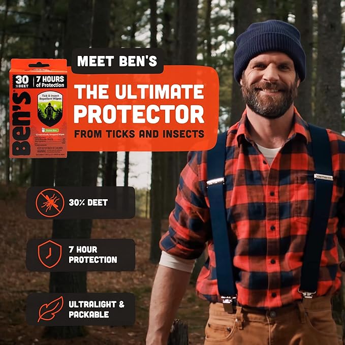 Ben's Tick & Insect Repellent Wipes - 30% DEET for Mosquitoes, Ticks & More - Up to 7 Hours of Protection - Alcohol- & Fragrance-Free - 12 Wipes (4 Pack)