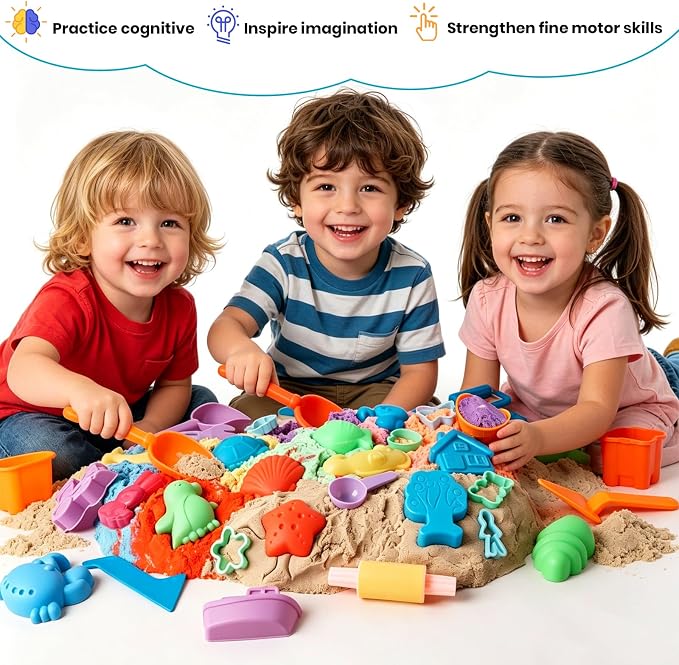 FURWEY Play Sand Set,6.6lbs Colorful Sensory Sand,10 Tools Molds,Art Kit | Play Sand Art Kits for Children Ages 3+ to Relaxing Creative Activities, Sensory Play Set with Tools