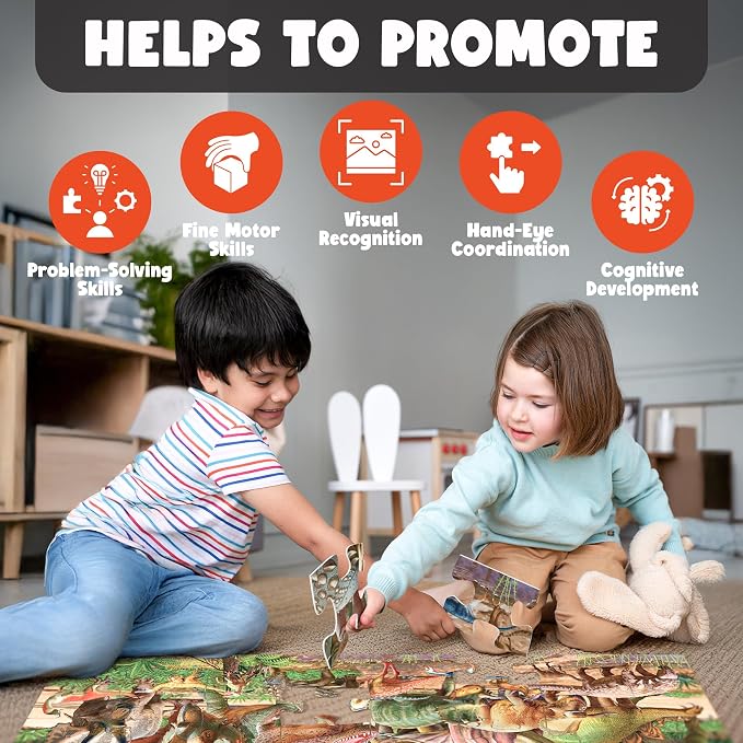48 Piece Jumbo Dinosaur Floor Puzzle - Large Size (3 x 2 ft) - All Pieces Unique Shape - 25 Realistic Dinos Illustration - Gifts for Boys Girls Toddlers Kids Ages 3-5 2-4 4-6 Year Old