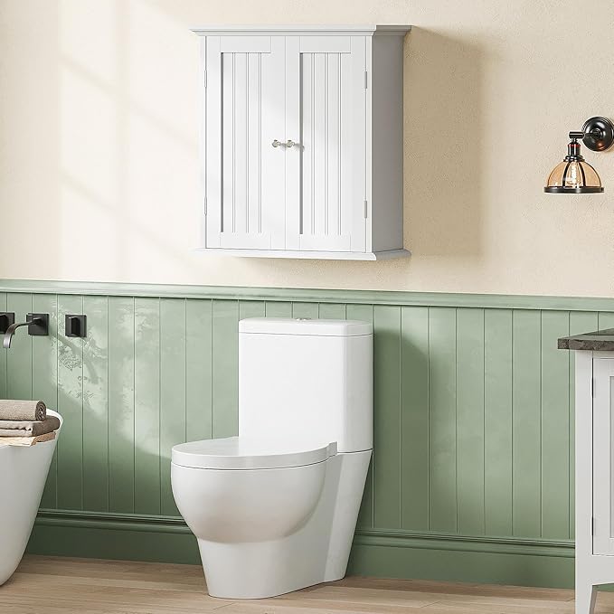 ChooChoo Bathroom Wall Cabinet Set of 2, Over The Toilet Space Saver Storage Cabinet, Medicine Cabinet with 2 Door and Adjustable Shelves, Cupboard, White