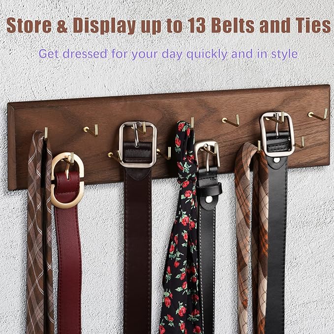 Belt Organizer - Wall Mounted Hanger for Closet, Holds Over 28 Belts - Wooden Rack with Tie and Scarf Storage (Brown)