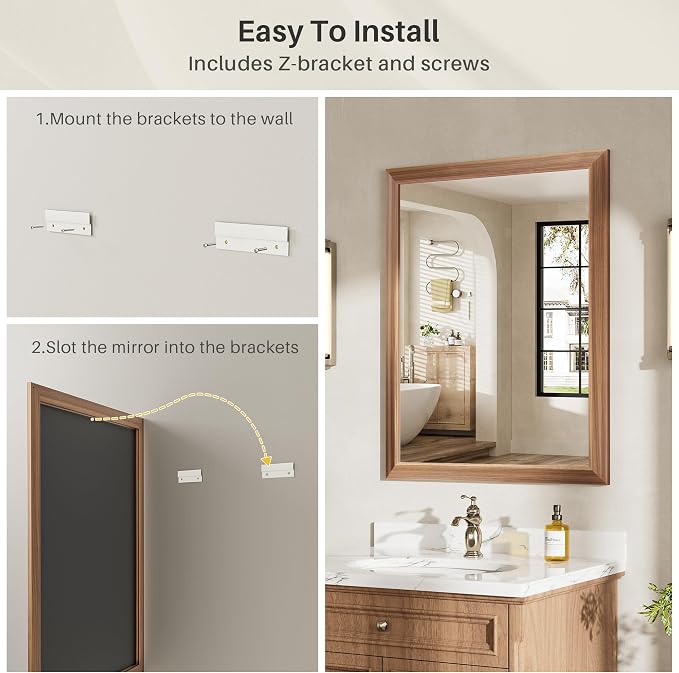 36x36 Inch Bathroom Mirror for Wall, Anti-Rust Walnut Wood Grain Metal Framed
