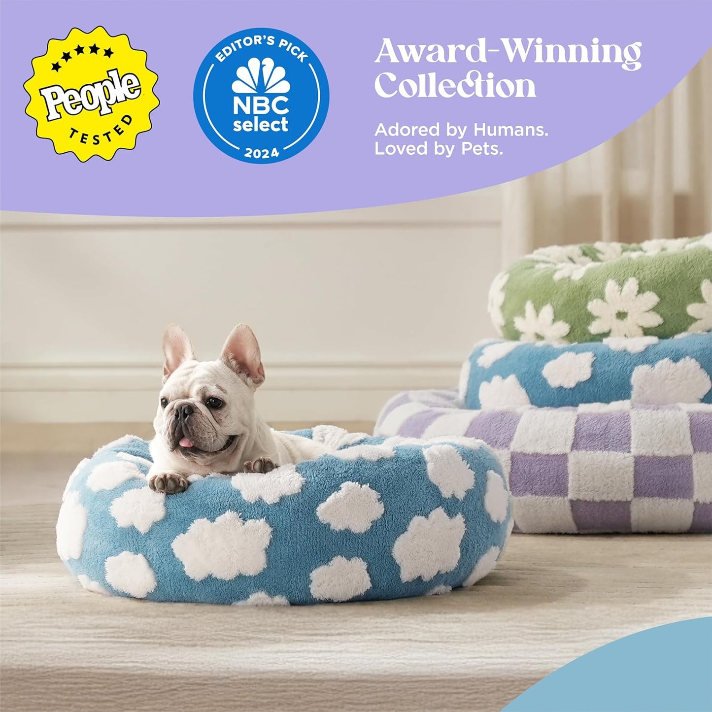 LE SURE Donut Large Dog Bed - Round Cat Beds for Indoor Anti-Anxiety Calming Pet Beds, Washable Cute Modern Beds with Teddy Sherpa Plush & Anti Slip Bottom, 36 Inch, Purple