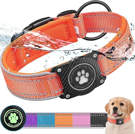 Airtag Dog Collar with Waterproof Air Tag Holder, Luminous Reflective, Soft Padded, Adjustable Nylon Pet Collar for Small Medium Large Heavy Duty Dogs,Orange, M