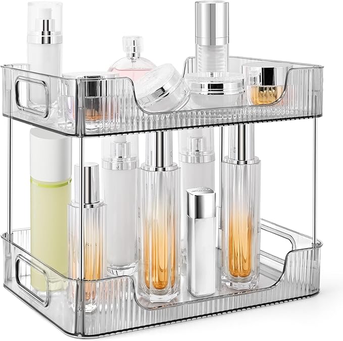 2-Tier Bathroom Counter Organizer Countertop Storage, Dresser Organizer Vanity Tray for Makeup, Perfume Organizer Cosmetics Skincare Shelf- Grey