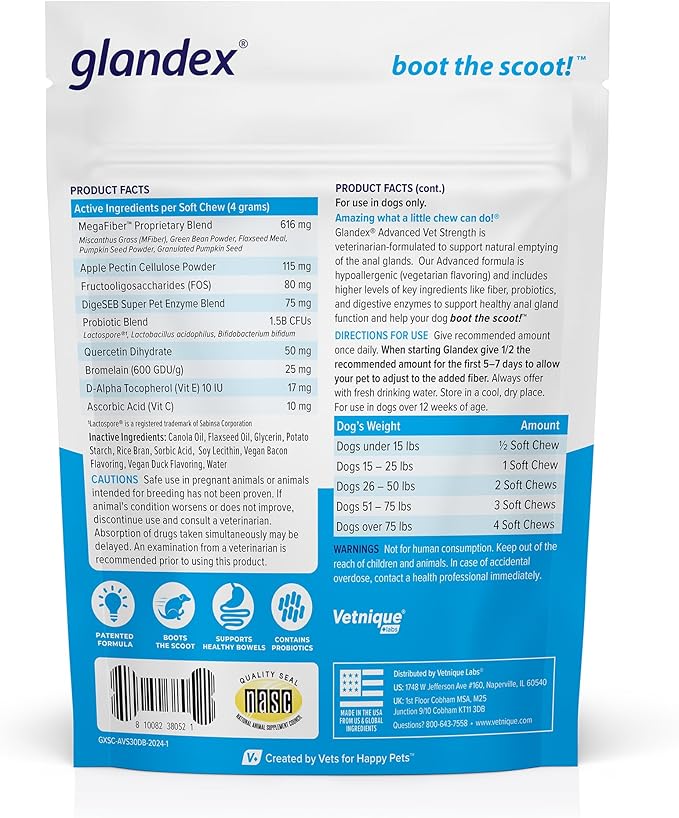Vetnique Glandex Anal Gland Soft Chew Treats with Pumpkin for Dogs Digestive Enzymes, Probiotics Fiber Supplement for Dogs Boot The Scoot (Advanced Strength Duck/Bacon Chews (Veg), 30 Count)
