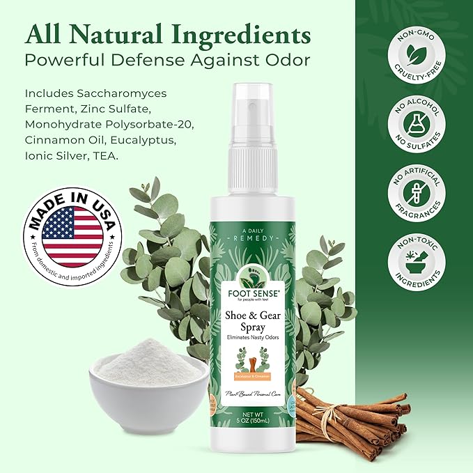 Foot Sense – Shoe Deodorizer & Foot Spray – Natural Foot & Shoe Odor Eliminator for Smelly Feet, Shoes & Sports Gear, Long-Lasting Refreshener for Adults & Kids – 5oz, 2 Pack