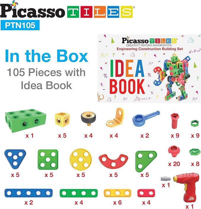 PicassoTiles STEM Learning Toys 105 Piece Building Block Set Kids Construction Engineering Kit Toy Blocks Children Early Education Playset w/IdeaBook, Power Drill, Clickable Ratchet, Age 3+ PTN105