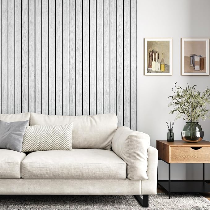White/Grey Wood Slat Panels for Interior Wall Decor Self Adhesive Textured 3D