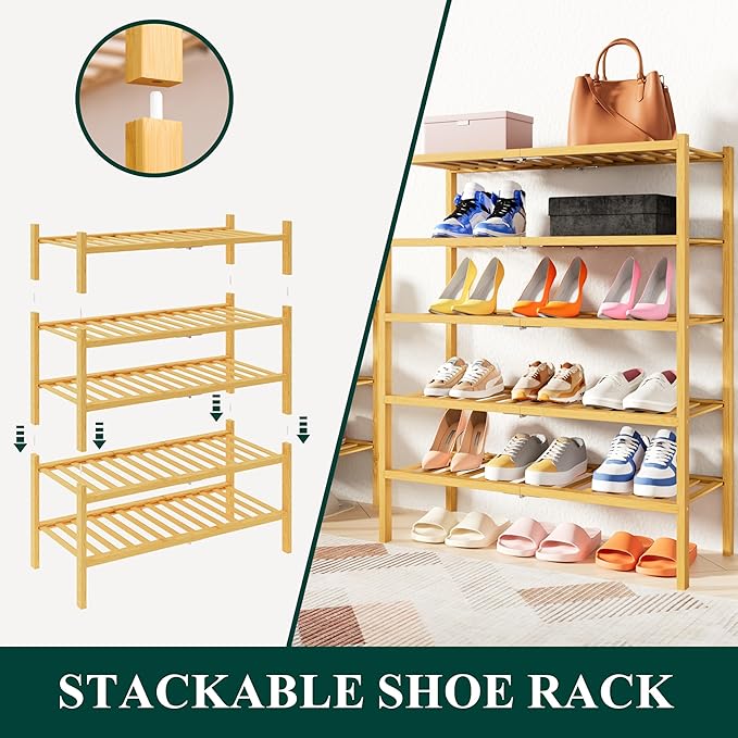 Smiry Bamboo Shoe Rack, 6 Tier Free Standing Wooden Shoe Organizer, Stackable Wood Shoe Storage Shelf for Closet, Entryway, 14 Vertical Slats, 2+2+2 Stack Heavy-Duty Legs, 26.8"x11"x39", Natural