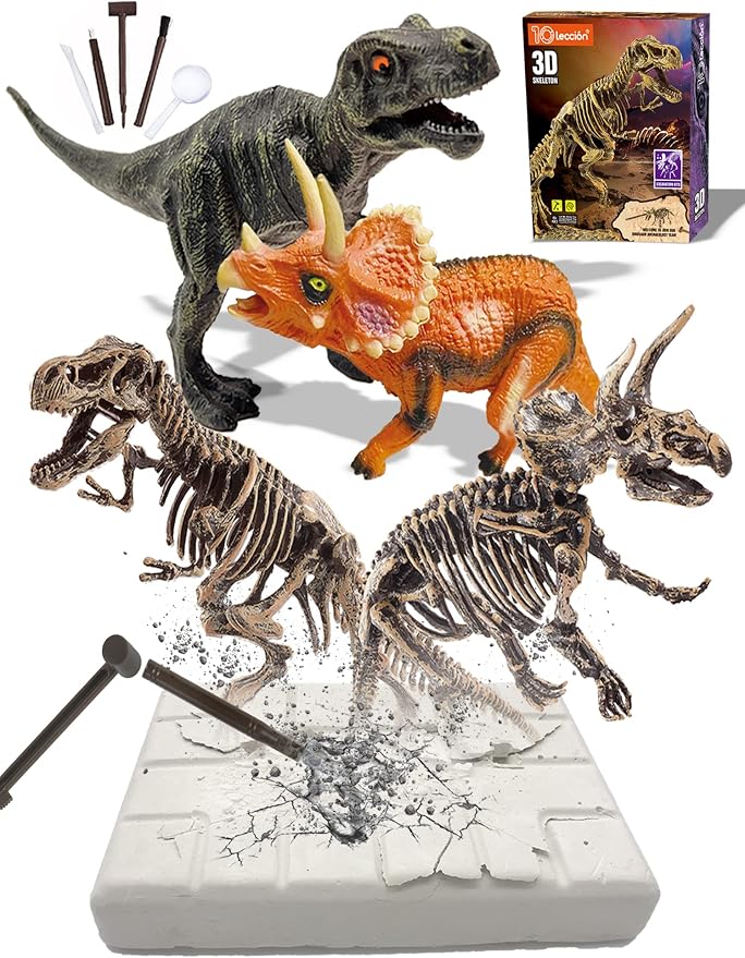 Dinosaur Fossil Dig Kit, Dino Excavation Kits for Kids, Educational Science Kits, Dinosaur Toys for Kids, Dig up 2 3D Skeleton Puzzles and 2 Dino Figures Including T-Rex, Triceratops