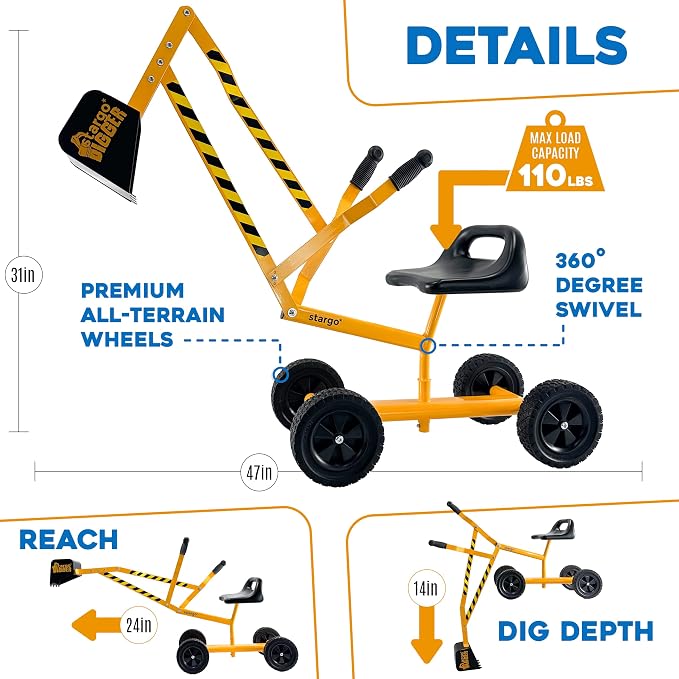 Stargo Kids Excavator Toy Sand Digger with All Terrain Rubber Wheels, Steel Sandbox Digger Toys for Boys, Sand Toys Ride On Excavator, Beach Toys