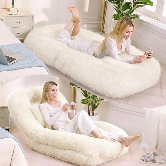 Adjustable 5-Position Human Dog Bed for People, Big Comfy Plush Floor Gaming Lazy Sofa Chair with Pillows & Back Support, Foldable Lounge Loveseat Couch for Living Room Bedroom (Beige)