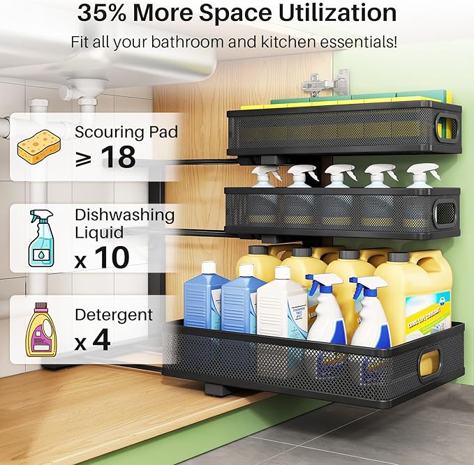 Kitstorack Under Sink Organizer, 2-Pack 3-Tier Height Adjustable Thickened Metal Pull out Cabinet Organizer Shelf, Slide out Storage Drawer Rack for Bathroom Kitchen Pantry Home Laundry Organization