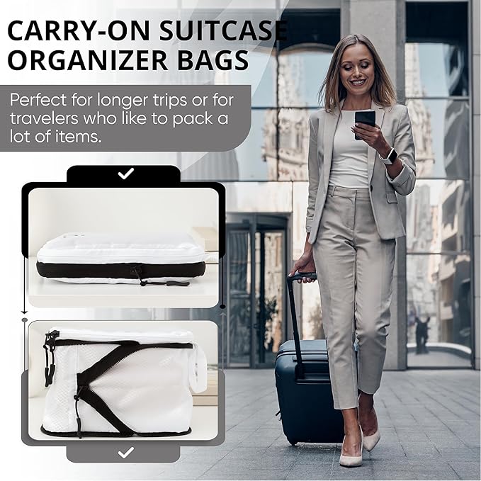 8 Piece Compression Packing Cubes Set - Double Capacity Design for Travel - Small, Medium & Large Sizes - Carry-On Suitcase Organizer Bags (White)