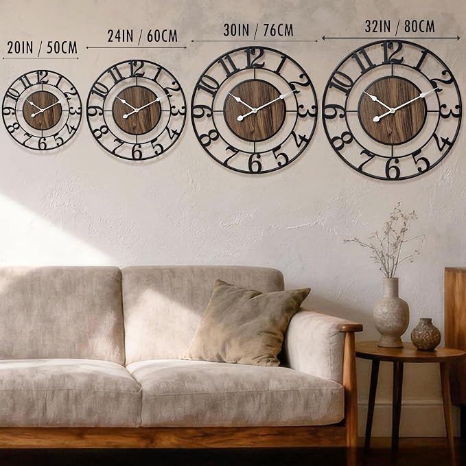 Large Metal Wall Clock, 32 Inch Retro Decorative Silent, Non Ticking, Battery