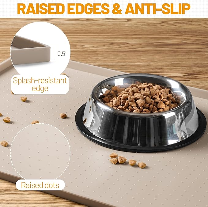 Hubulk Dog Feeding Mat,100% Waterproof Food Grade Silicone Pet Food and Water Bowl Placemat,Dishwasher, High Raised Edge to Prevent Spills,Nonslip Tray to Stop Messes on Floor（24"x16"x0.5", Taupe）