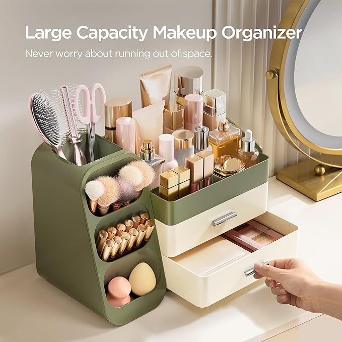 HBlife Makeup Organizer with Brush Holder for Vanity, Large Plastic Bathroom Countertop Organizer Skin Care Storage, Easy to Store Lipsticks, Nail Polishes, Perfumes, Eyeshadow Palettes, Mix Green
