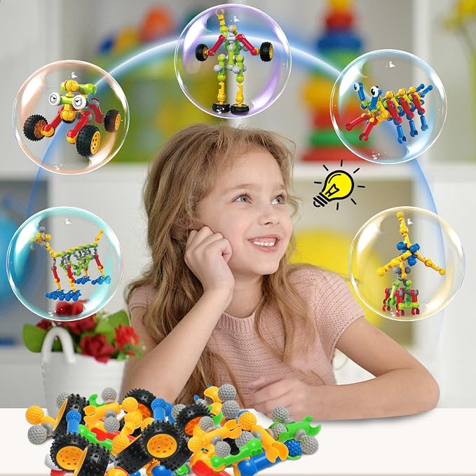 215 PCS STEM Building Blocks Playset for Kids Ages 4-8 Birthday Gifts Boys | Preschool Classroom STEM Activities. Storage box. Build 40+ models with guide. Educational Creative Games, Gift for ages 3+