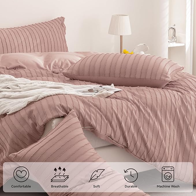 JELLYMONI Duvet Cover Twin Size Smokey Pink - 3PCS Boho Striped Duvet Cover Set Polyester Tufted Bohemian Textured Comforter Cover 68×90in with Corner Ties & Zipper and 2 Pillowcases