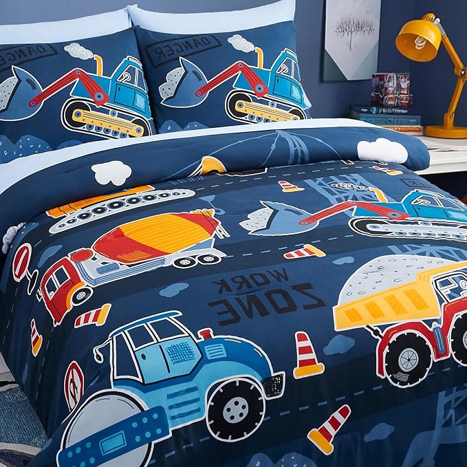 Full Size Comforter Set for Boys-7 Pieces Truck Tractor Excavator Glow in The Dark Full Bedding Sets for Kids, Ultra Soft Bed in A Bag with Sheets