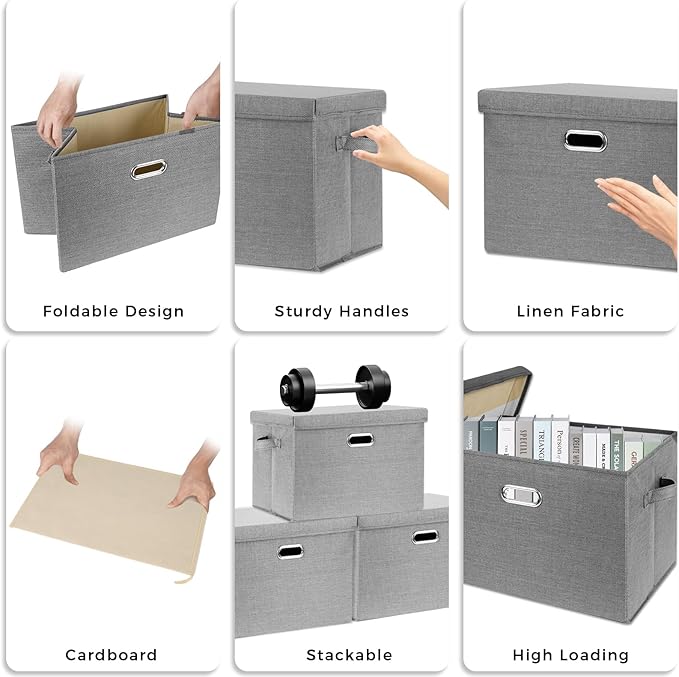 SNWDN 4 Pack Collapsible Fabric Storage Bins with Lids Fabric storage box with lids for closet organizers and storage (grey 14.6x10.6x10.2 inches)