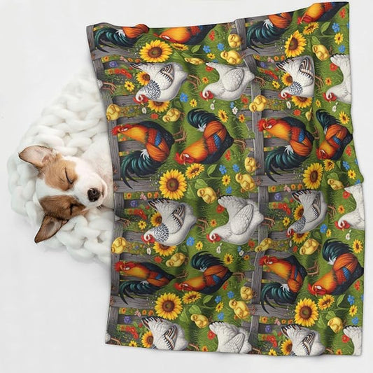 Pet Blanket for Indoor Outdoor Use, Chicken Rooster Garden Flowers Painting, Two Sided Reversible Plush Mat with Bumpy Dot Texture for Patios Crates Portable Bed Companion