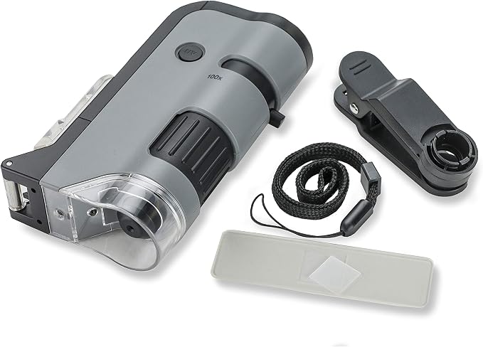 Carson MicroFlip 100x-250x LED and UV Lighted Pocket Microscope with Flip Down Slide Base and Adapter with CarsonCam Phone App - Set of 4 (MP-250MU) | STEM Handheld Microscope Set with Smartphone Adapter Clip for Digiscoping, Flip Down Slide Base - Set...