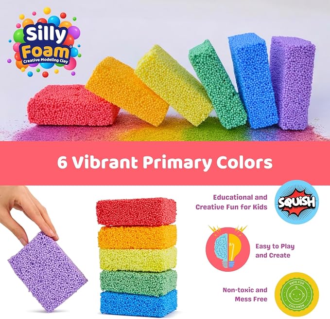 Silly Foam, Creative Modeling Foam Beads, 2-Pack of 6 Primary + 6 Neon Pastel Blocks, No-Slime No-Mess, Perfect for Preschool, Kids, Arts & Crafts, Sensory Play, STEM, Travel Toy, Non-Toxic (Age 3+)