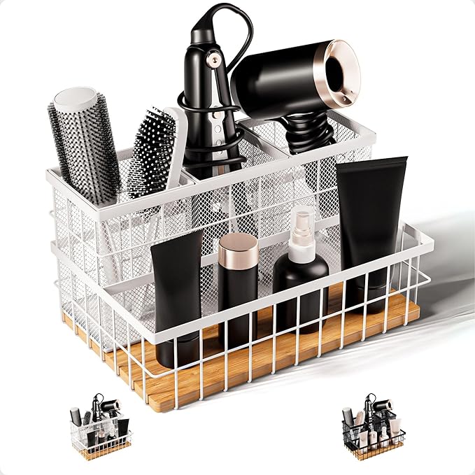 Hair Tool Organizer Countertop - Breathable Metal & Bamboo Hot Tools Organizer for Vanity - Hot Hair Tools Organizer Under Sink - Bathroom Hair Dryer Holder Countertop - Brush and Comb Holder Vanity