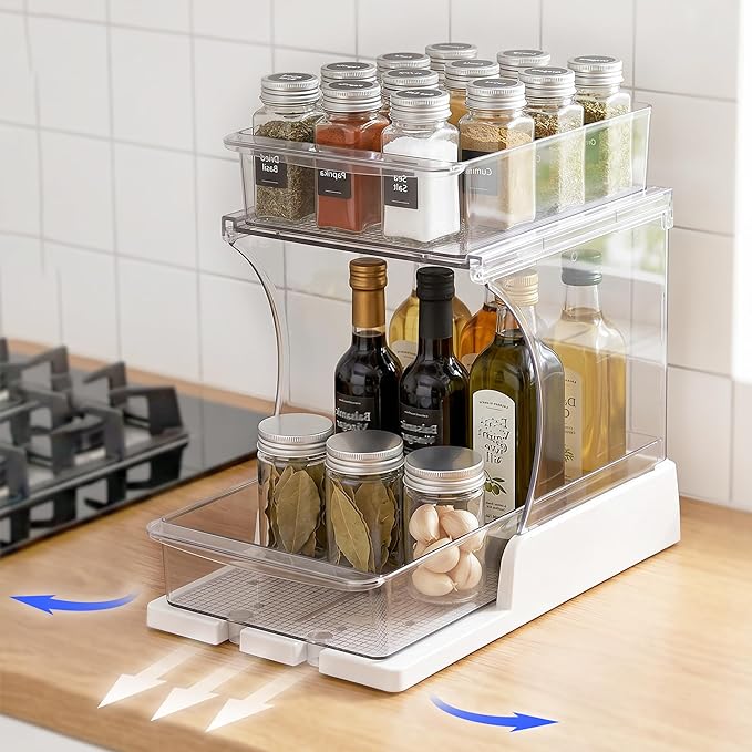 Spice Rack Organizer for Cabinet, 2 Tier Countertop Shelf Organizer with Pull Out Rotating Bottom Shelf, Acrylic Kitchen Spice Organizer for Pantry, Counter and Cabinet Storage