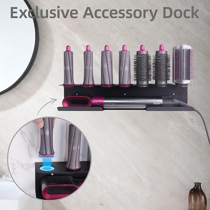 Hair Dryer Holder for Airwrap, Aluminum Hair Tool Holder Wall Mount Black with 7 Custom Slots & Cable Hook, Hair Tool Organizer Wall Mounted for Bathroom