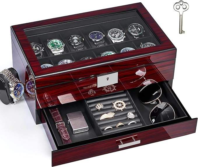 ANWBROAD 12 Slot Watch Cases for Men, Watch Box with Large Lid Jewelry Box with Watch Storage 2-Tier Paint Surface, Watch Holder Organizer for Men Lockable Watch Display Case UJWB001Y